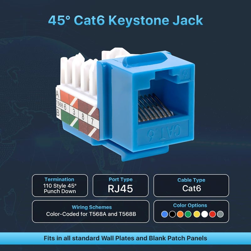 SATMAXIMUM 30 Pack Cat6 Keystone Ethernet Wall Jacks RJ45 Punch Down Slim Profile UTP Blue, 45 Degree for Patch Panel & Wall Plate, Supports Up to 10Gbps - Image 2